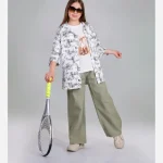 ست سه تیکه دخترانه شامل شومیز کتان، تیشرت فلامنت و شلوار بگ لینن - تصویر 3